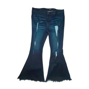 Lucky & Blessed 70s Distressed Bell Bottom Jeans Dark Wash Denim Hippie Size 18